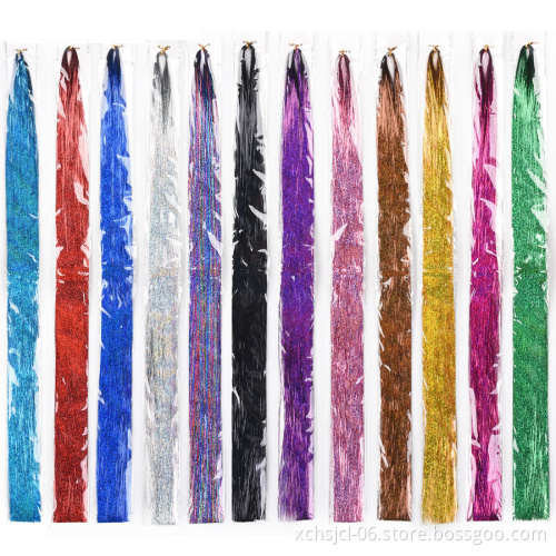 48 inch 10g 100-200 Strands Silk Flash Shiny Hair Tinsel Party Highlights Glitter Super Bright Synthetic Hair Extension for gorl